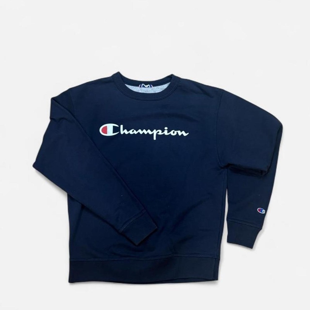 Champion Navy Blue Script Logo Crewneck Sweatshirt Mens Size M